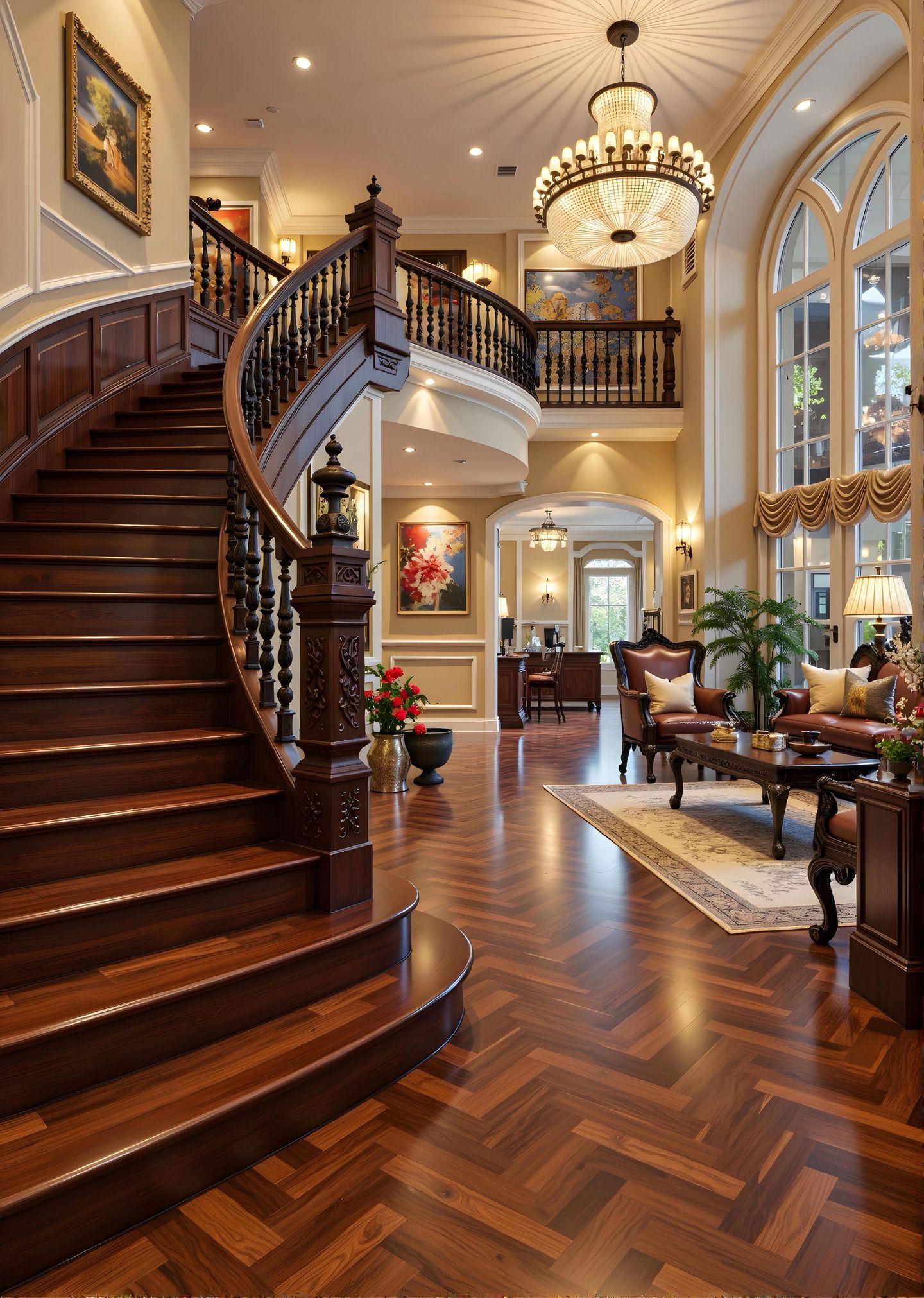 Grand classical foyer with staircase and warm wood