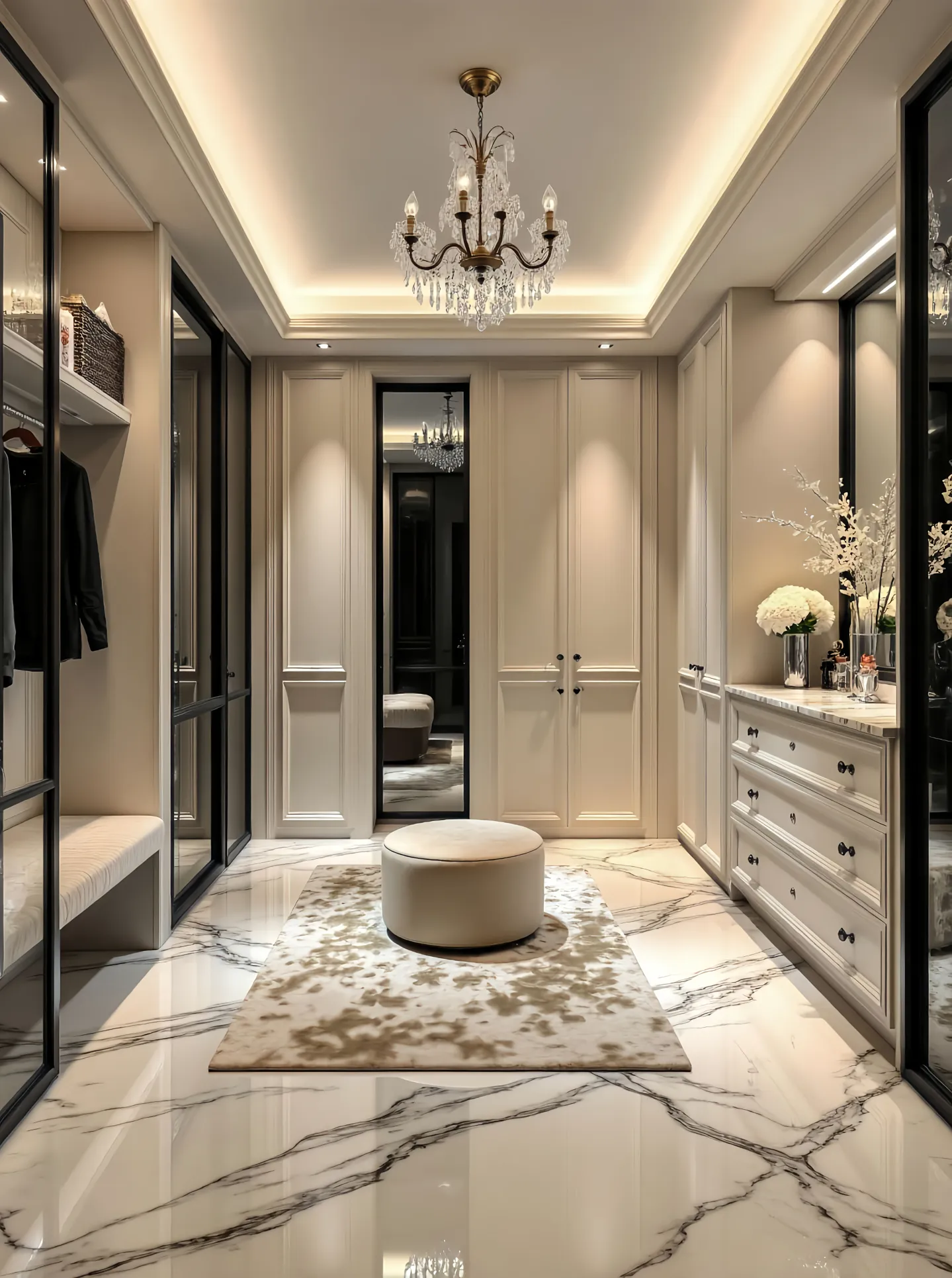Cream walk-in wardrobe with crystal chandelier