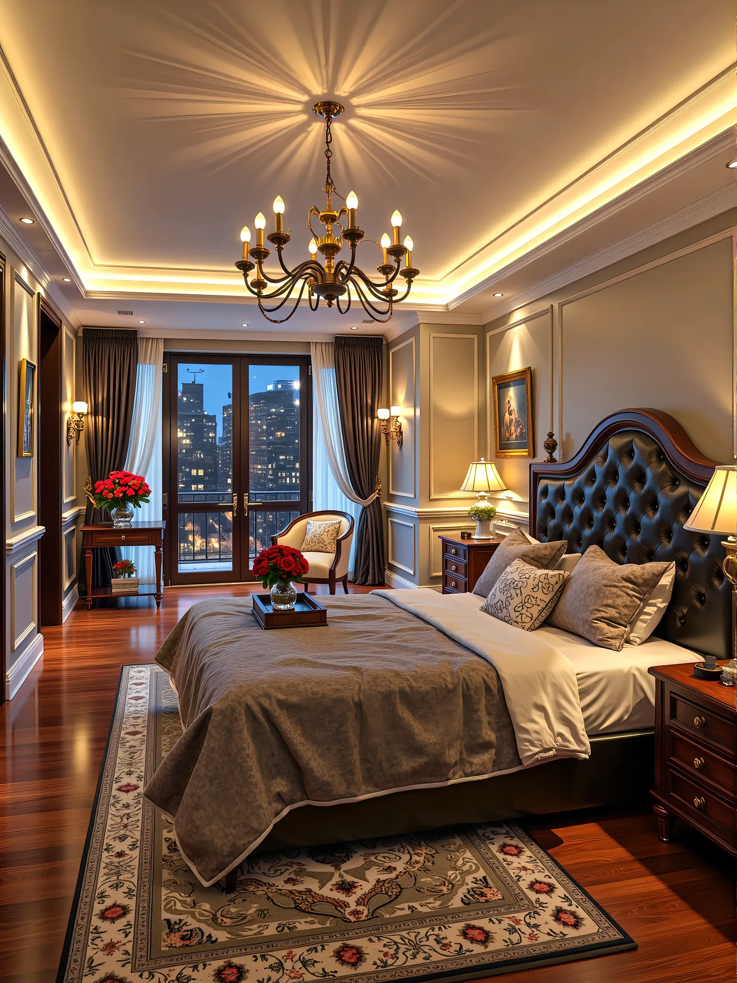 Warm classical bedroom with layered lighting