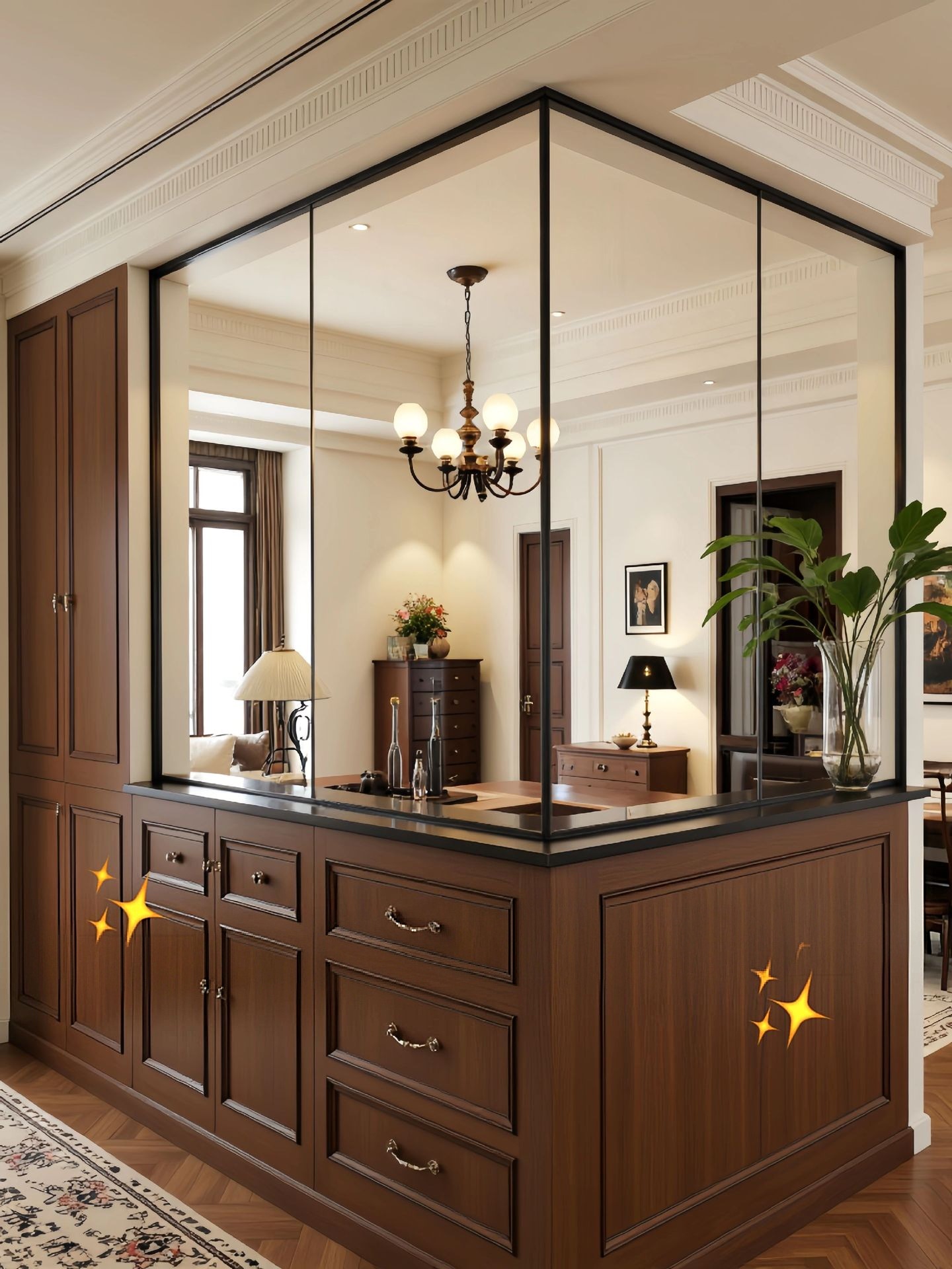 Glass and wood room divider renovation detail