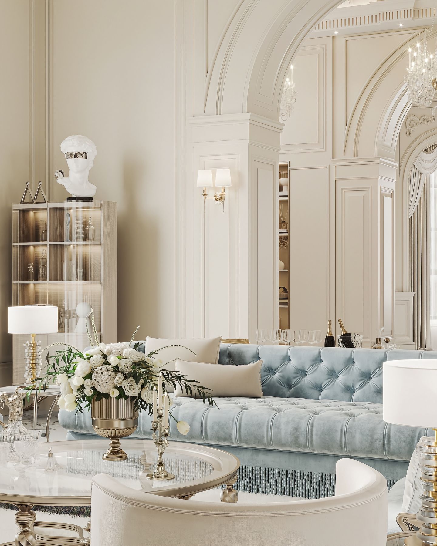 French light-luxury living room in cream and soft blue