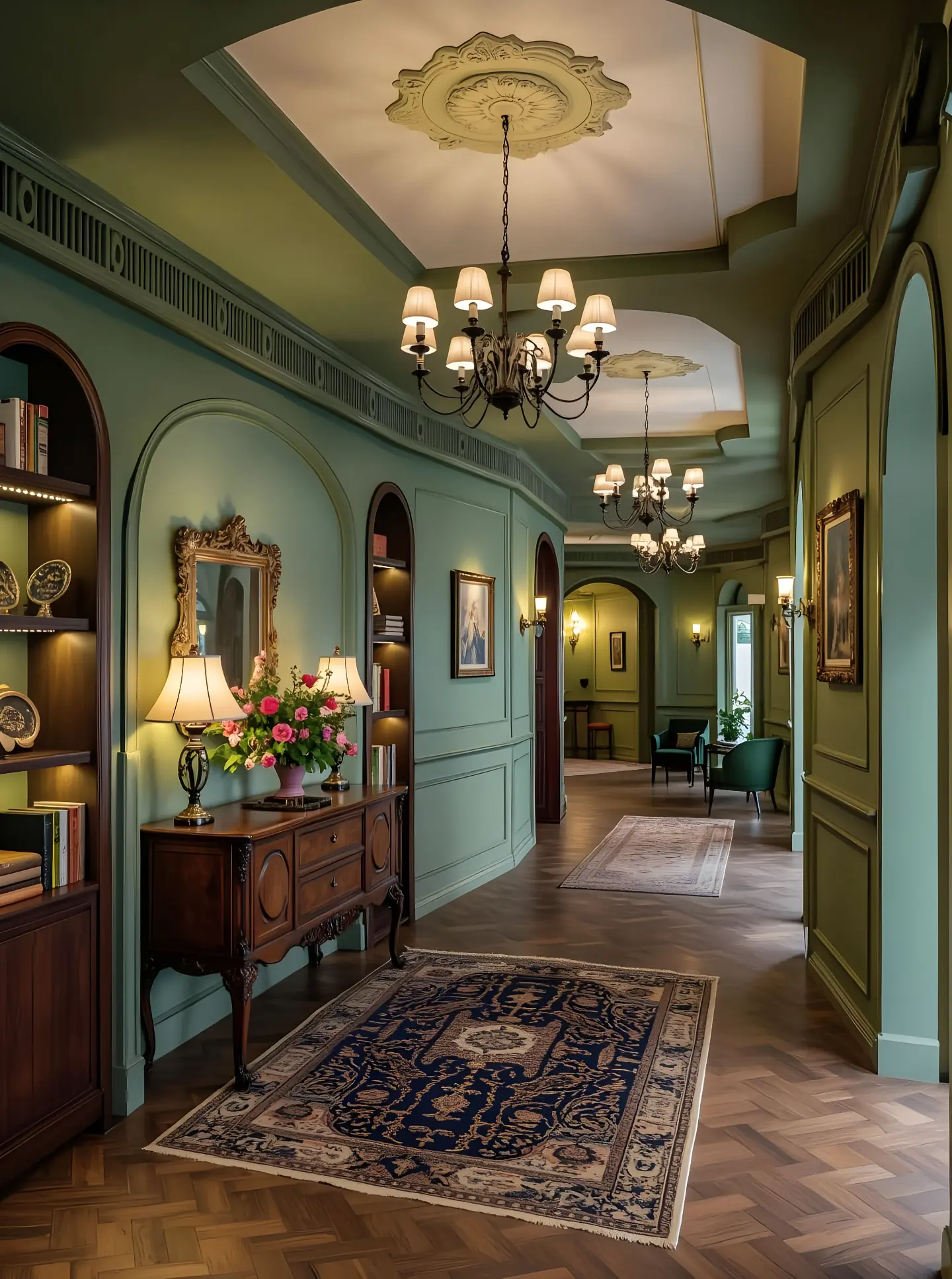 Classical hallway with warm lighting and refined detailing